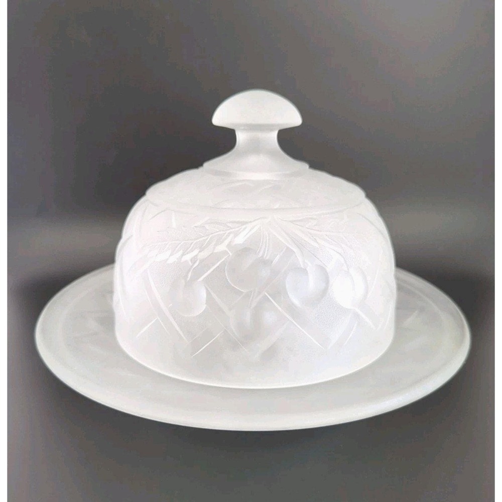 Vintage Frosted Glass Covered Cheese Dish Fruit Pattern Serving Plate w Cloche